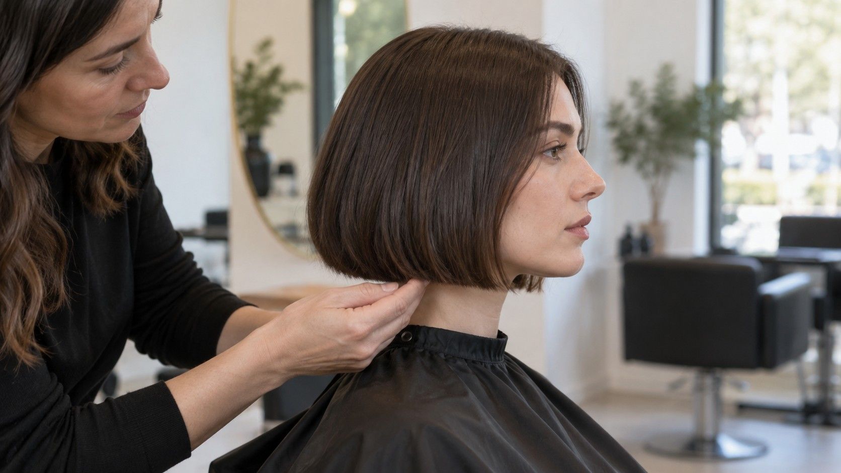 A layered bob haircut that falls between the jaw and collarbone