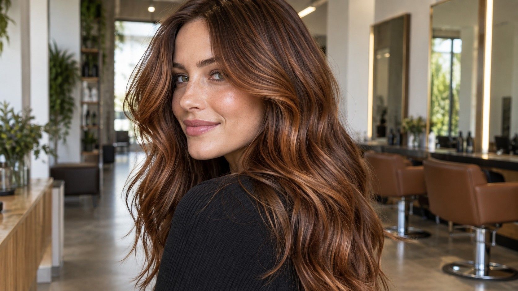 Dimensional warm brunette hair with a soft root shadow